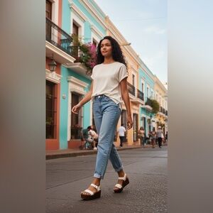 White strap sandals heels Wood bottom size 9